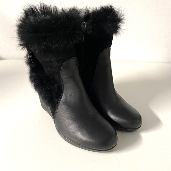 Aquatalia Natalie Black Ankle Wedge Heel Boot Leather Suede Faux Fur Rou… - Picture 2 of 9